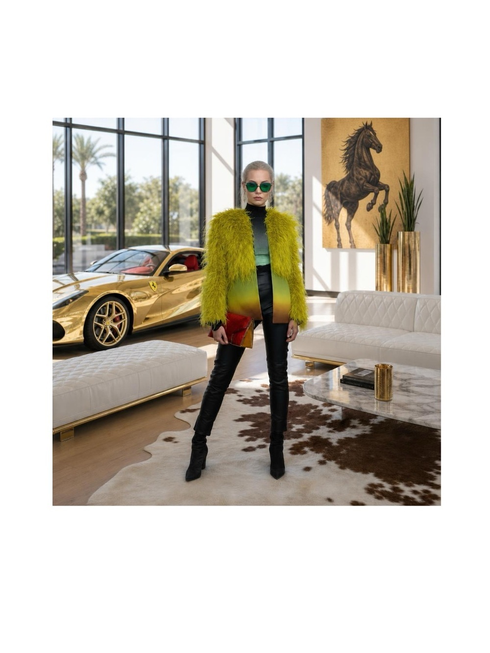 Modern Equestrian digital Art Print in Chartreuse and Gold